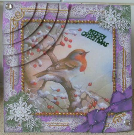 Robin Purple Snow 6in Duo Corner Stack Card Front by Gillian Lowry
