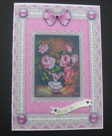 Pink Roses 'n Lace 2 Pyramid Card Front by Gillian Lowry