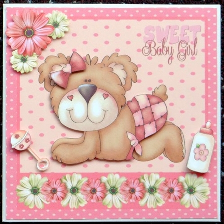 Baby Girl Card with Cute Teddy, Bottle and Rattle by Giselle Topper