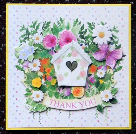 Birdhouse and floral birthday/thank you /with love ,6 x6 card topper by Giselle Topper