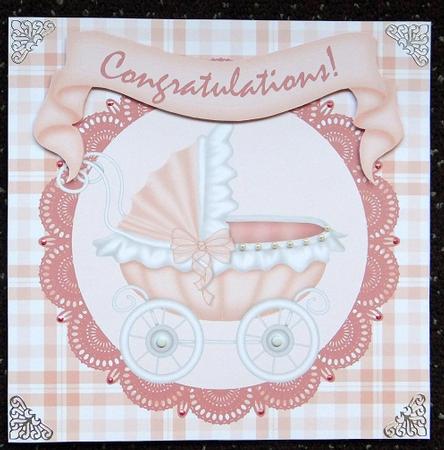 Congratulations Pram 8x8 Decoupage Card - Baby Girl - Pink by Giselle Topper
