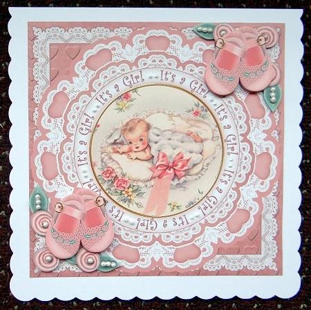 Baby Girl Congratulations 7in Doily Decoupage Topper by Giselle Topper