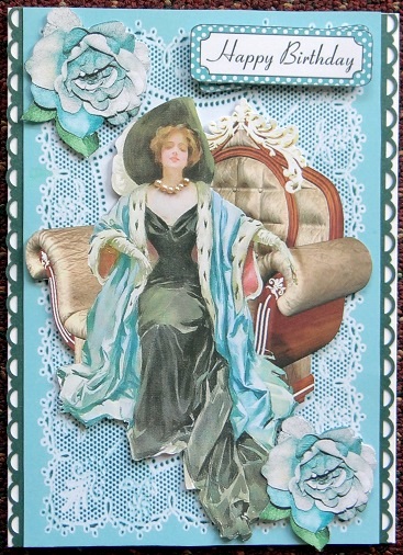 Vintage Lady in Chair on Turq Lace & Roses by Giselle Topper