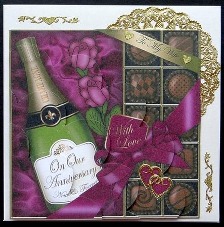 Wife Anniversary Champers Chocs & Roses Shell Edged by Giselle Topper