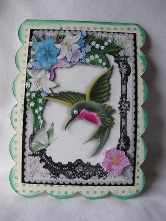 Fantasy Humming Bird in Lace Frame with Flowers by Gitte Jensen