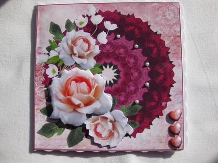 Peachy Roses on Crimson Doily by Gitte Jensen