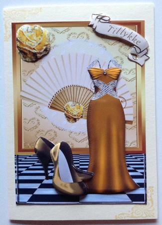 Gold Dress with Shoes on a Fan with Rose by Gitte Jensen