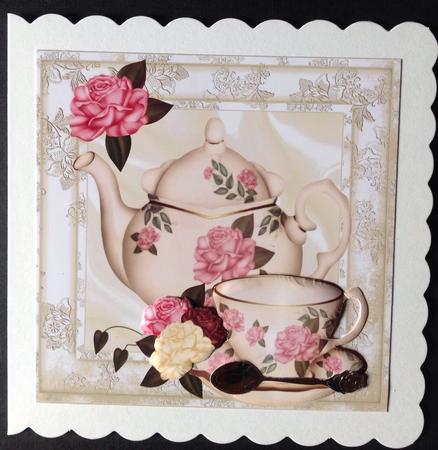 Pretty Teapot and Cup with Country Roses 8x8 by Gitte Jensen