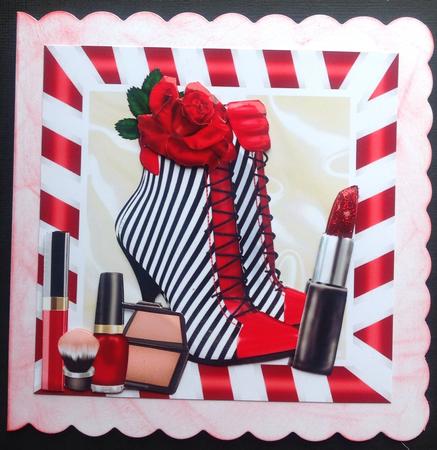 Red/white Stripe Boot with Rose & Makeup 8x8 Mini Kit by Gitte Jensen