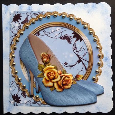 Ice Blue Shoes and Golden Roses Shaped Card with Decoupage by Gitte Jensen
