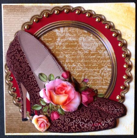 Ruby Shoes and Roses Shaped Card with Decoupage by Gitte Jensen
