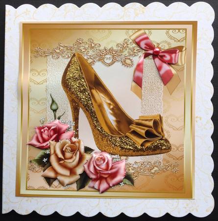 Gold Shoe with Pretty Bows & Roses 8x8 by Gitte Jensen