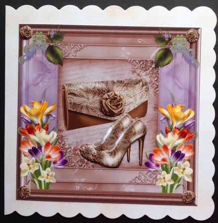 Beige Shoes & Bows 8 x 8ins Decoupage Card Front by Gitte Jensen