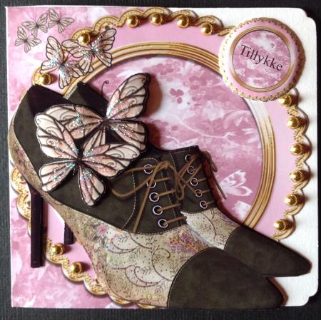Fancy Shoes and Butterflies Shaped Card with Decoupage by Gitte Jensen