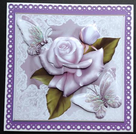 Beautiful Shimmering Lilac Rose Flutters Card Front Kit by Gitte Jensen