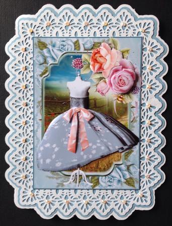 Beautiful Blue Dress with Peach and Pink Roses by Gitte Jensen