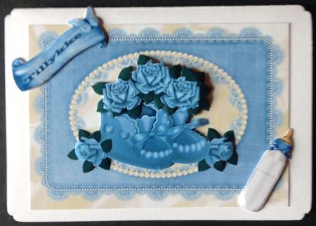 Blue Bootees with Roses in Lace Frame by Gitte Jensen