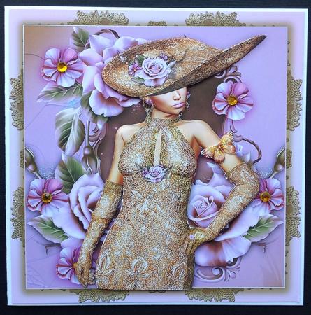 Lady with Gold Dress and Pink Roses Card Front by Gitte Jensen