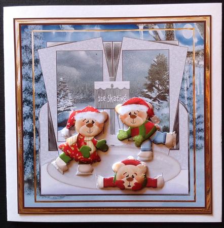 Teddy Bear Winter Fun 7x7 Card with Decoupage by Gitte Jensen