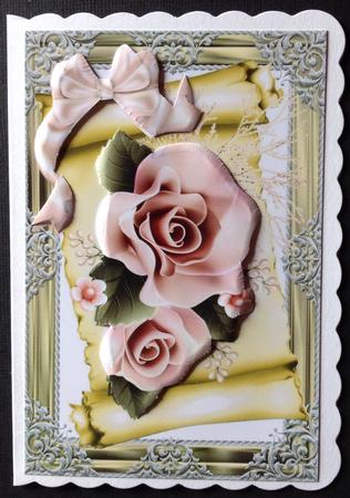 Peach Roses on a Scroll with Bow by Gitte Jensen