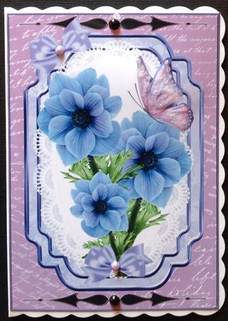 Pretty Lilac & Blue Flowers with Butterflies on Lace by Gitte Jensen