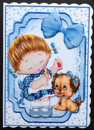 Pretty in Blue Little Girl with Her Puppy on Lace by Gitte Jensen
