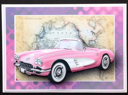 Pink Vintage Sports Car Card Front by Gitte Jensen