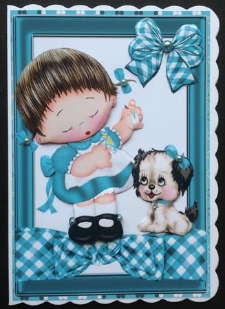 Little Girl with Puppy with Turq Bow by Gitte Jensen