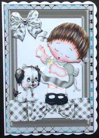 Little Girl with Puppy with Silver Gingham Bow by Gitte Jensen