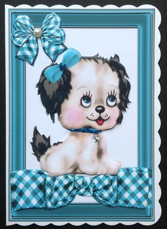 Cutie Puppy on Turq Gingham Bow by Gitte Jensen