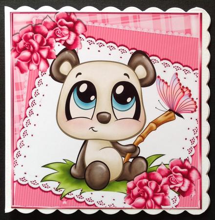 Cute Panda with Butterfly on Lace with Pink Flowers 8x8 by Gitte Jensen