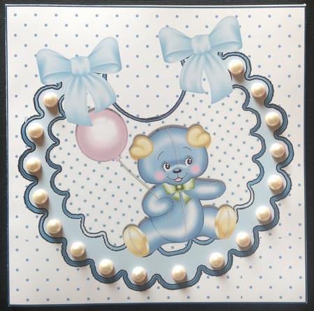 Little Blue Bear with Pink Balloon on Polka Dot Bib by Gitte Jensen