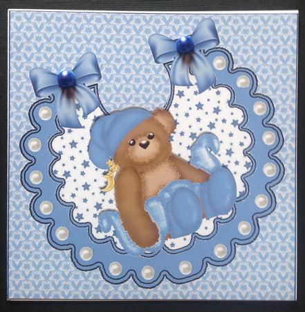 Night Time Teddy with Its Favourite Blue Blanket on Bib by Gitte Jensen