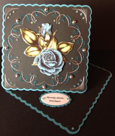 Turq Roses on a Tag with Script Writing by Gitte Jensen