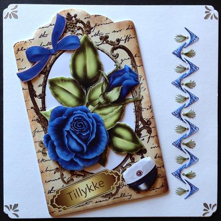 Blue Roses on a Tag with Script Writing by Gitte Jensen