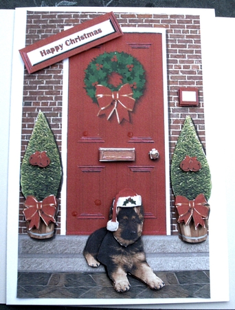 German Shepherd Puppy Christmas Door Step Scene by Glennis Mitchell