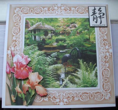 Japanese Gardens Tea House,Tatton Park 8 x 8 Card Topper & Iris Decoupage by Glennis Mitchell
