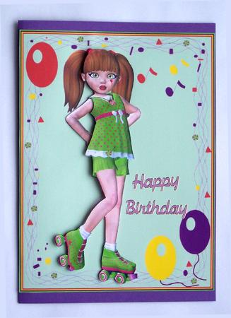Cute Girl Roller Skating A4 Card Front Decoupage by Glenys Doyle