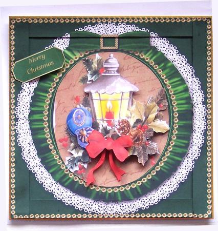 Christmas Green 8 x 8inch Square Lace Ruffle Card Front by Glenys Doyle