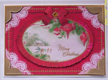 Merry Christmas Baubles Lace N Ruffles Card Front by Glenys Doyle