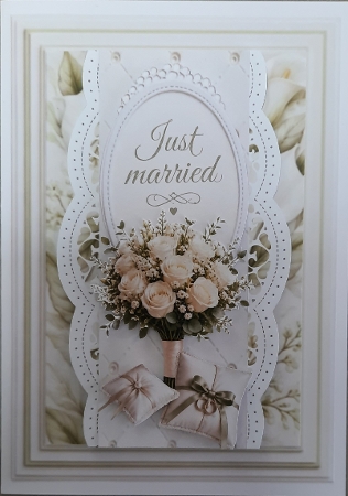 Elegant White Roses Just Married Card Topper by Glynis Preston