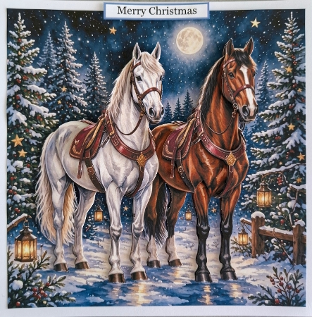 White & Chestnut Horses on Moonlit Winter Path – Luxury Christmas Watercolor  by Glynis Preston