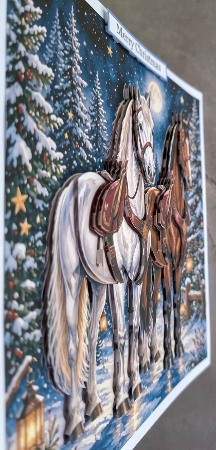 White & Chestnut Horses on Moonlit Winter Path – Luxury Christmas Watercolor  by Glynis Preston