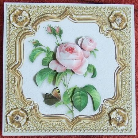 6" x 6" Vintage Rose & Butterfly Decoupage Gold Square Card by GWYNETH GEORGE