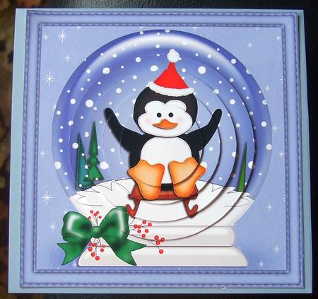 Xmas Sledging Penguin Snowglobe Circle Pyramage Topper by GWYNETH GEORGE