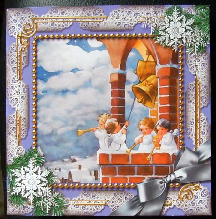 Angels Bell Pulling Snow 5in Square Folded Picture Card by GWYNETH GEORGE