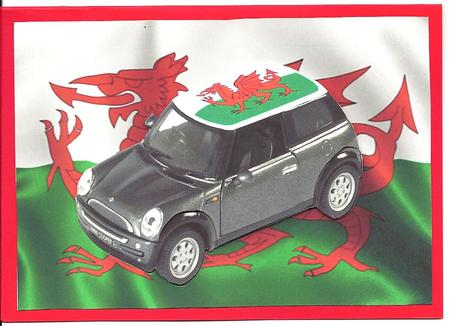 Welsh Mini Cooper Decoupage on Welsh Flag by GWYNETH GEORGE