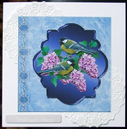 Spring Birds and Lilac Flowers on Blue with Decoupage by GWYNETH GEORGE