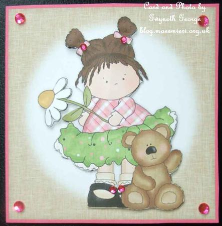 Little Flower Daisy Girl & Teddy 4x4 Quick Card by GWYNETH GEORGE