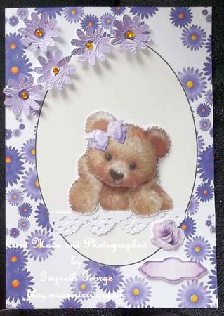 Fuzzy Bear with Pink & Lilac Flowers A4 by GWYNETH GEORGE